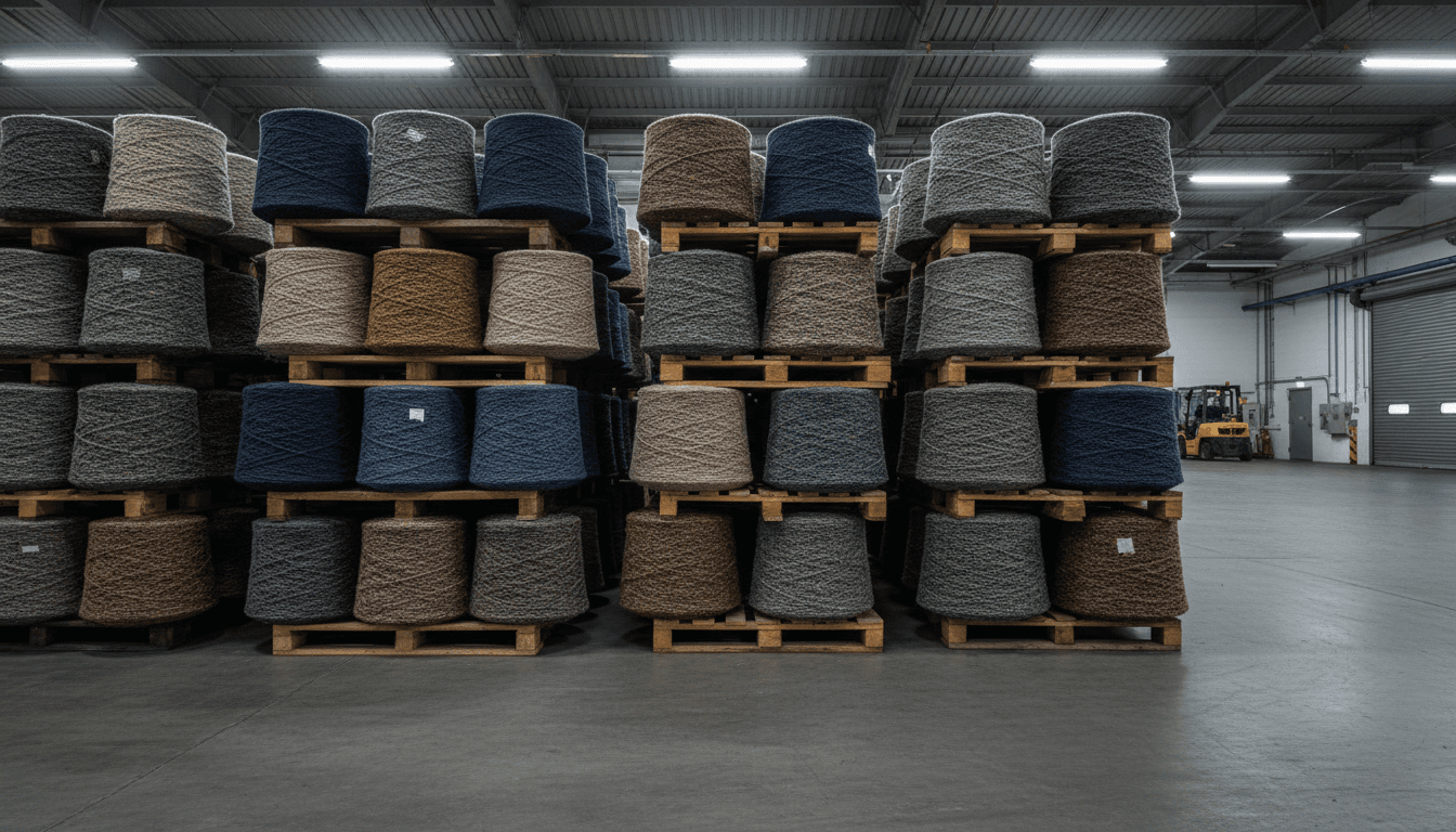 Large spools of fancy yarn stacked on pallets in a textile warehouse