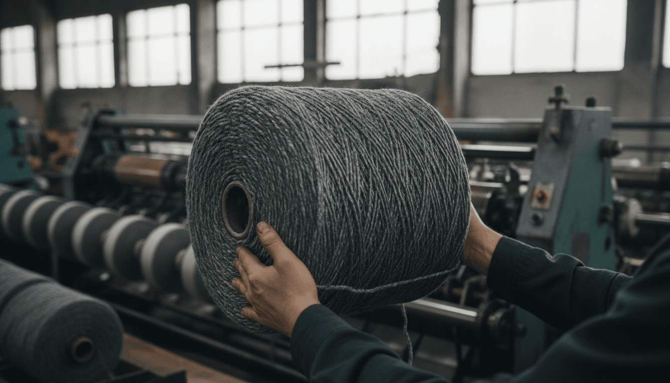 Close-up of hands holding a spool of recycled yarn in a textile factory