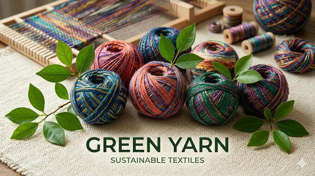 Colorful yarn balls with green leaves, a wooden loom, and 'Green Yarn Sustainable Textiles' text.